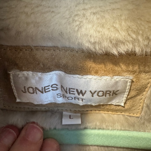 Jones New York Sport Shearling Jacket L Tan Faux Fur Trim Zip Front - Picture 4 of 9